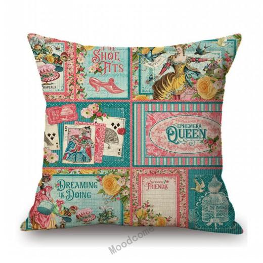 Pink Green Royal European Queen Novel Sketch Quotes Letter Victorian Era Dress Fashion Girl Room Pillow Case Sofa Cushion Cover Peach skin 18*18(CM)-1Pcs