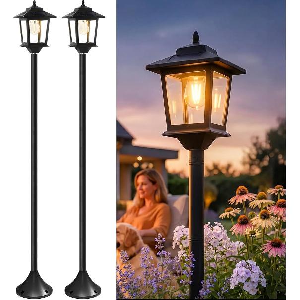 PASAMIC Lampadaires Solaires Extérieurs, Lot de 2 Lampadaires Solaires 63" Imperméables avec 1 Ampoule Remplaçable, Lumière Blanche Chaude Crépuscule à l'Aube pour Jardin,