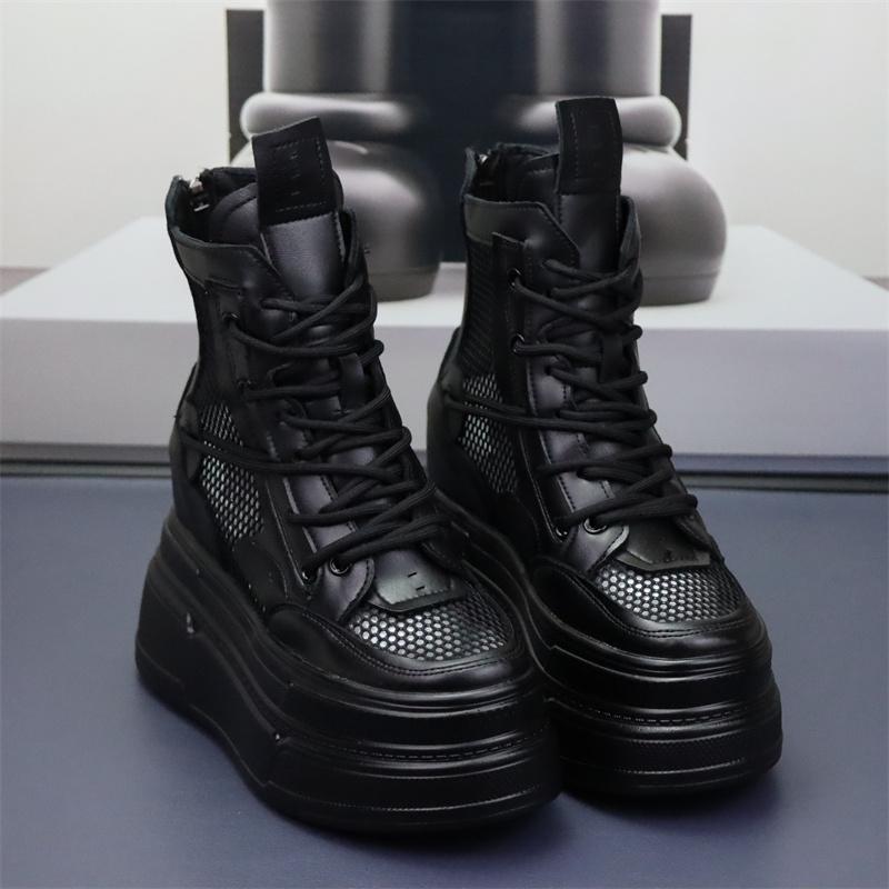 Fashion 12CM Women Breathable Platform Chimney Hollow Fashion Summer Shoes Air Mesh Genuine Leather Synthetic Mid Calf Ankle Boots