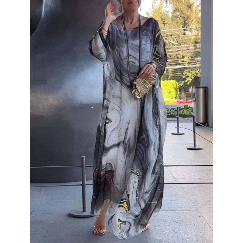 Damen O-Ausschnitt Fledermausärmel Lockerer Schnitt Chiffon Maxikleid Marmorprint Elegant Lässig Sommer Strand Langes Kleid Kaftan Abaya