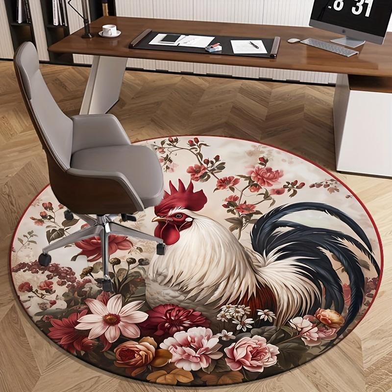 Vintage Rooster Floral Round Rug, Non-Slip Mat, Colorful Flower Decor for Living Room, Bedroom, Elegant Home Accent