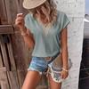 Summer Foreign Trade V-neck Lace Splicing Jacquard T-shirt Hot Style Loose Casual Top for Women