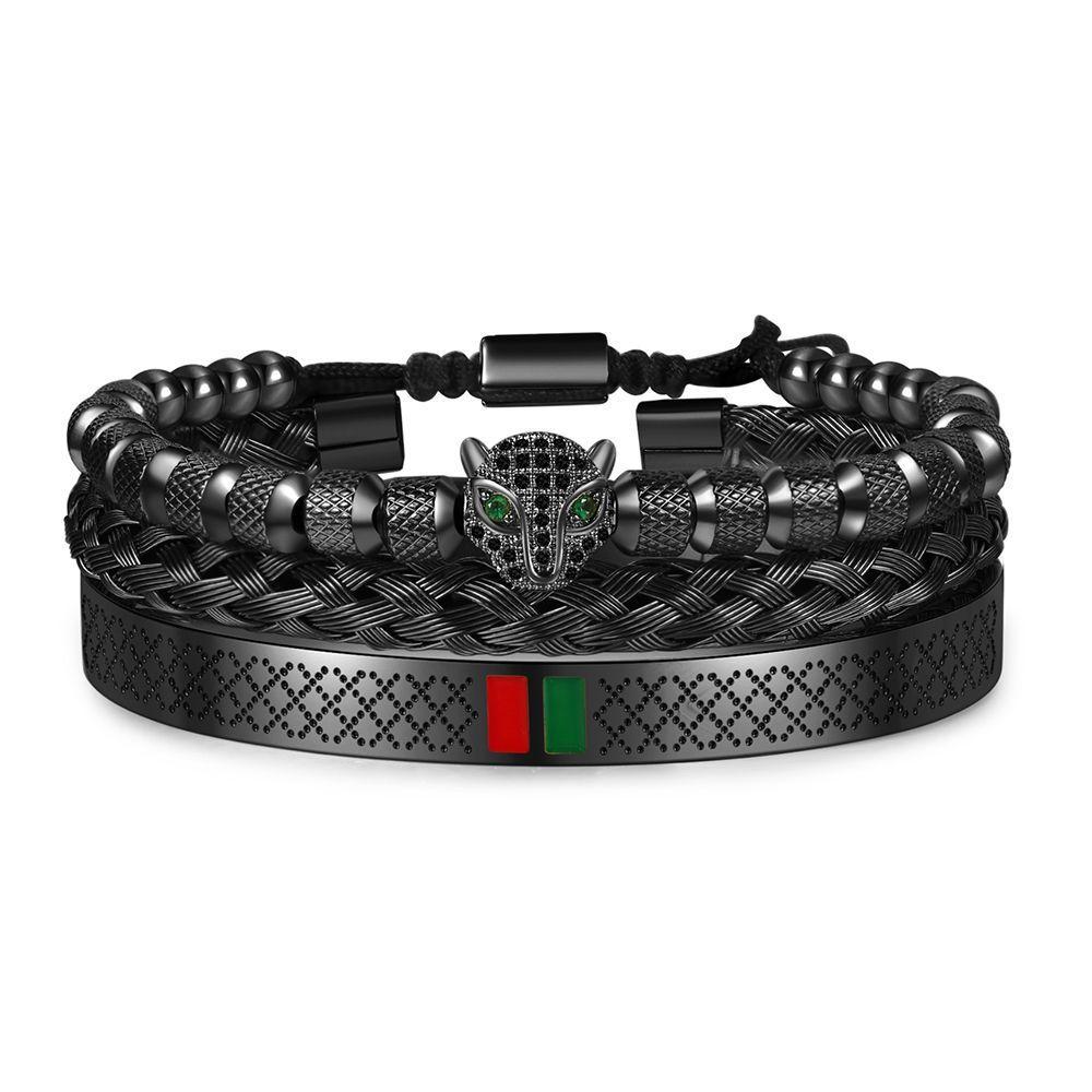 Hip Hop Leopard Head Zircon Copper Stainless Steel Bracelets Set For Men And Women