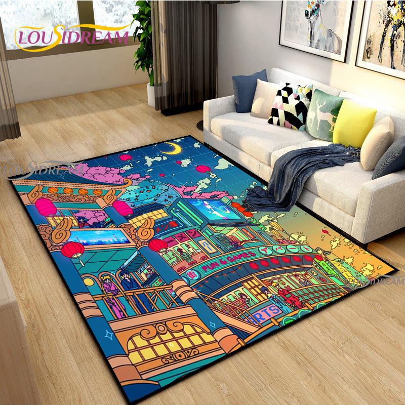 Japanese Anime Night Scene Rugs Child Game Floor Mat Alfombra Cartoon Carpets Modern Home Living Room Decor Washable Floor Rug