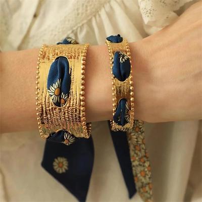French Retro Colored Silk Scarf Bracelet Matte Gold Open Bracelet Female Exotic Style Stacked Jewelry