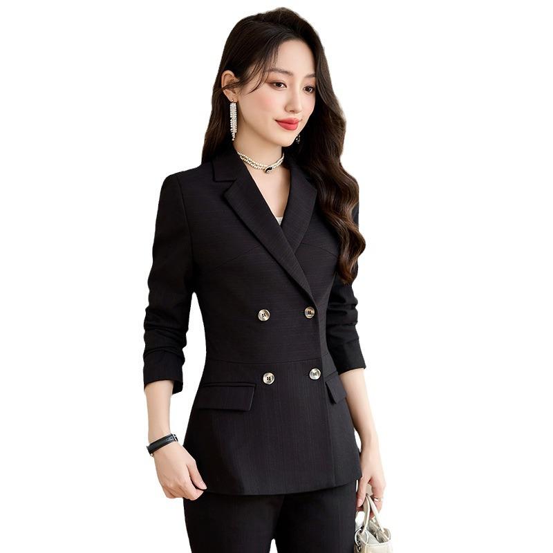 Women's Autumn Black Double-Breasted Blazer and Pants Set - Professional Slim Fit for Business and Interviews