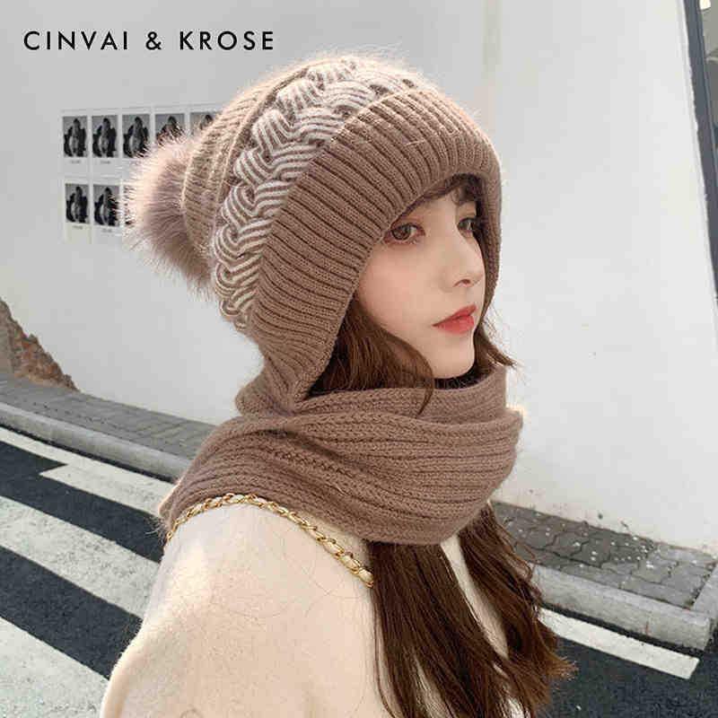 Dámská teplá pletená vlněná čepice a šátek se sametovou podšívkou pro rok 2024