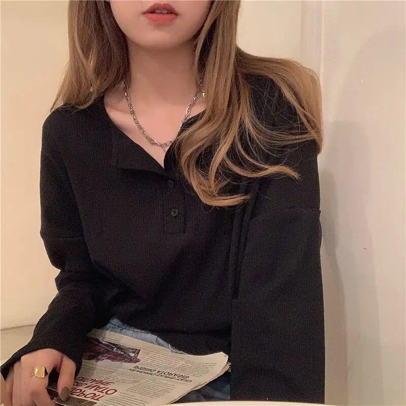 VAYLA Long Sleeve T-shirts Women Elegant Simple Pure Button Design Retro Ins Ladies Tees Top All-match BF Style Clothes