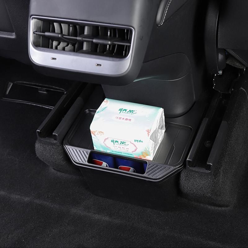 For Tesla Model Y -2024 Rear Seat Storage Box Organizer Center Console B Backseat Trash Can Garbage Bag Under Seat Tray