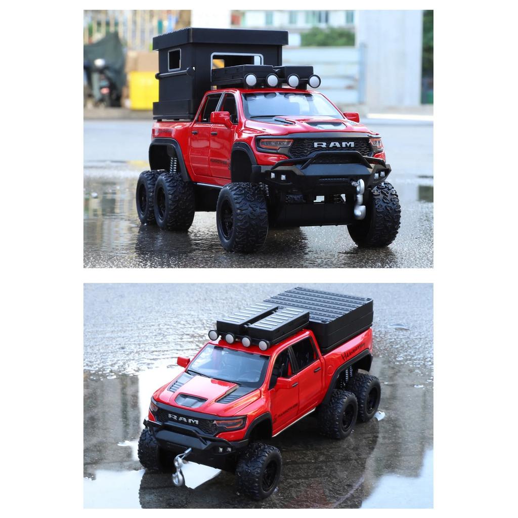 1/32 DODGE Tyrannosaurus RAM Alloy Pickup Camper Van Car Model Diecasts Metal Off-road Vehicles Car Model Sound Light Kids Gifts
