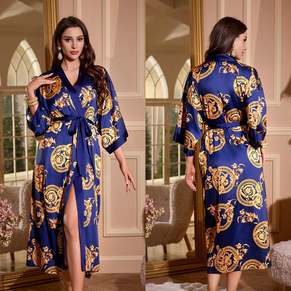 Female Long Robe Loungewear Elegant Chinese Style Kimono Bathrobe Gown Negligee New Silky Satin Sleepwear Nightgown Loose Pajama