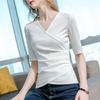 Women Summer Cotton V Neck Cross Waist Top Black Medium Sleeve Tshirt New