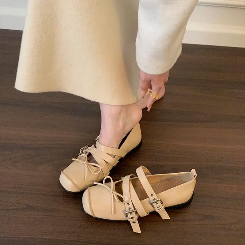 Fashion retro ballet shoes women's summer cross-buckle shallow mouth square head single shoes versatile flat Mary Jane shoes