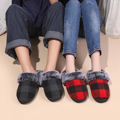 Retro Plaid Plush Slippers for Women Men Soft Faux Fur House Cotton Slippers