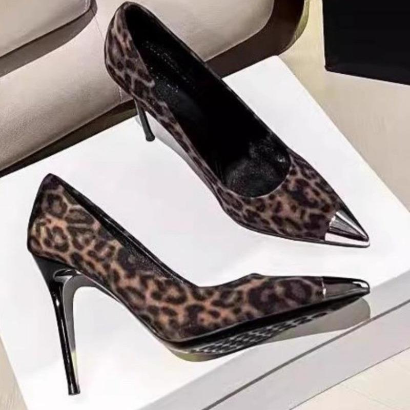 Fashion Women's Fashion Slim Heel Shoes Spring New Metal Pointed Suede Leopard Slip-on Non-slip High Heels