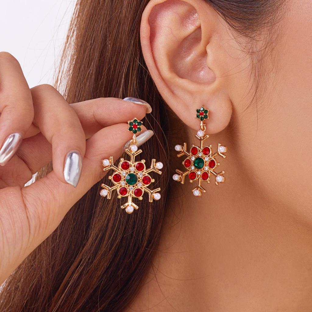 Christmas Colorful Rhinestone Imitation Pearl Snowflake Stud Earrings Exquisite Winter Snow Flower Earring For Women Men Jewelry