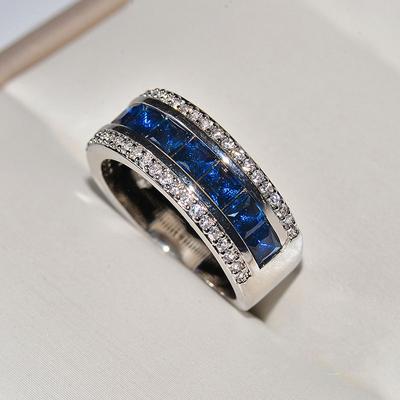 Authentic 925 Stamp Finger Ring With Round Blue Square Cubic Zirconia Crystal Wide Sterling Plata Ring For Women Wedding Jewelry