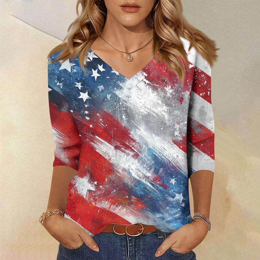 Women's Tops Three-quarter Sleeve Shirt V-neck Loose Casual Shirt Print T-shirt