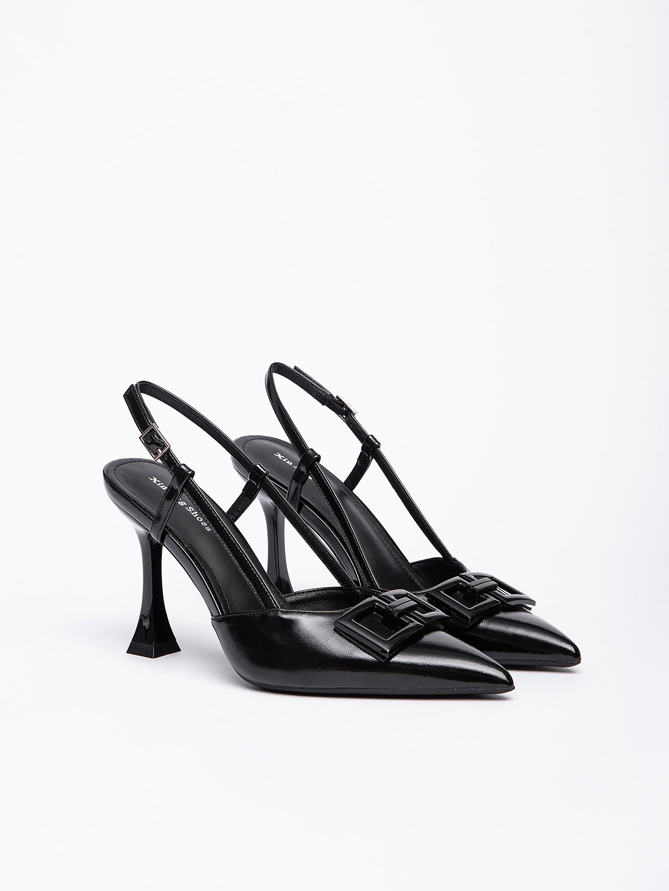 

7199-11 pointed thin heel shallow mouth high heel single shoes women s new rear strap buckle bag head single shoes women s tide 35 чёрный