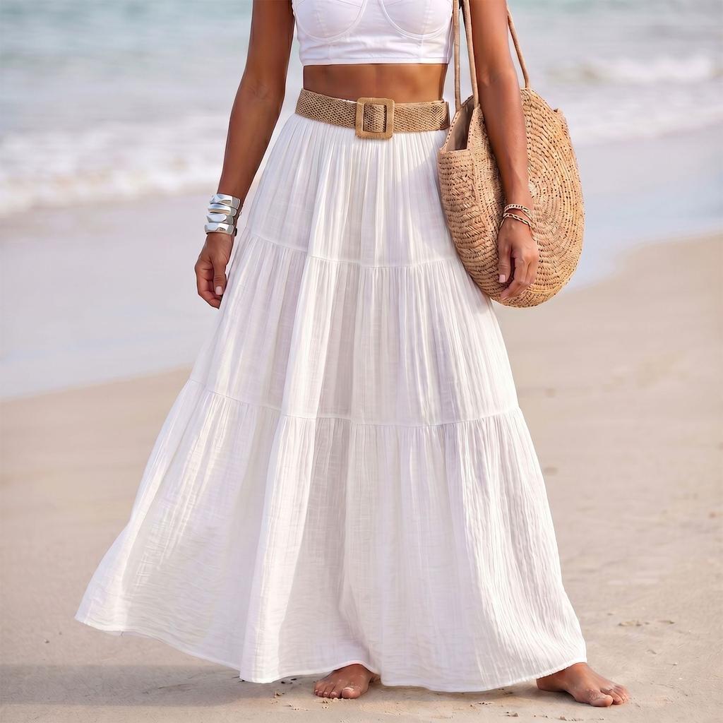 Women Fashion Solid Elastic Waist Patchwork Tiered Maxi Skirt Holiday Beach Linen Blend Casual Long Skirt with Belt