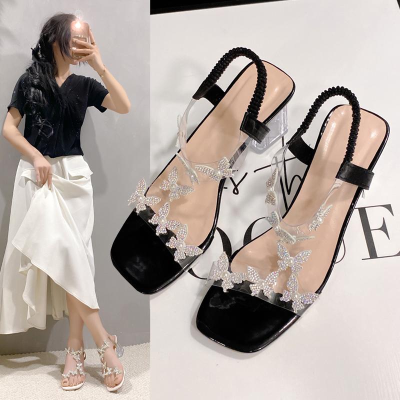Rhinestone Women's Sandals 2025 Summer Fashion Versatile Outdoor High-heeled Women's Shoes Elegant Large Size Formal Women Shoes