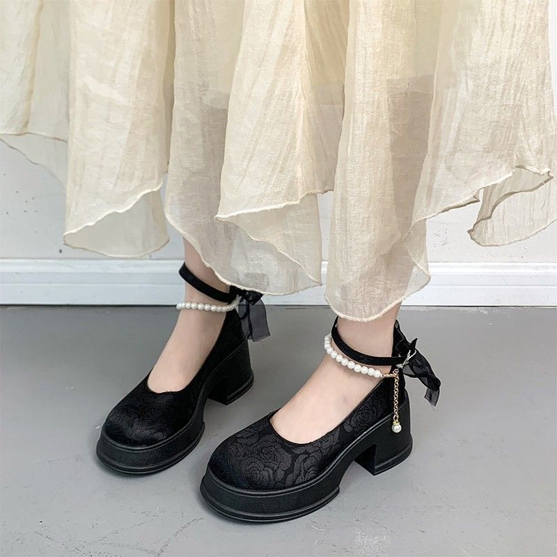 French high heels women's 2025 spring new embroidery printing round head shallow mouth women's shoes single shoes mesh bow