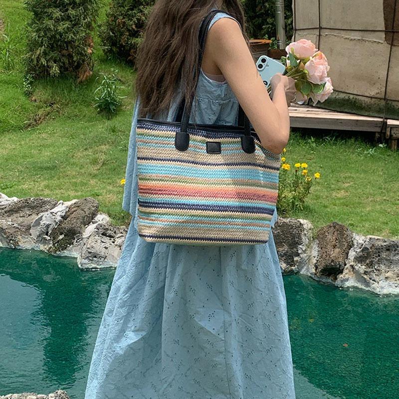 Sommer neue Strohtasche gestreift lässig einfach Umhängetasche große Kapazität Pendlertasche Strandurlaub am Meer