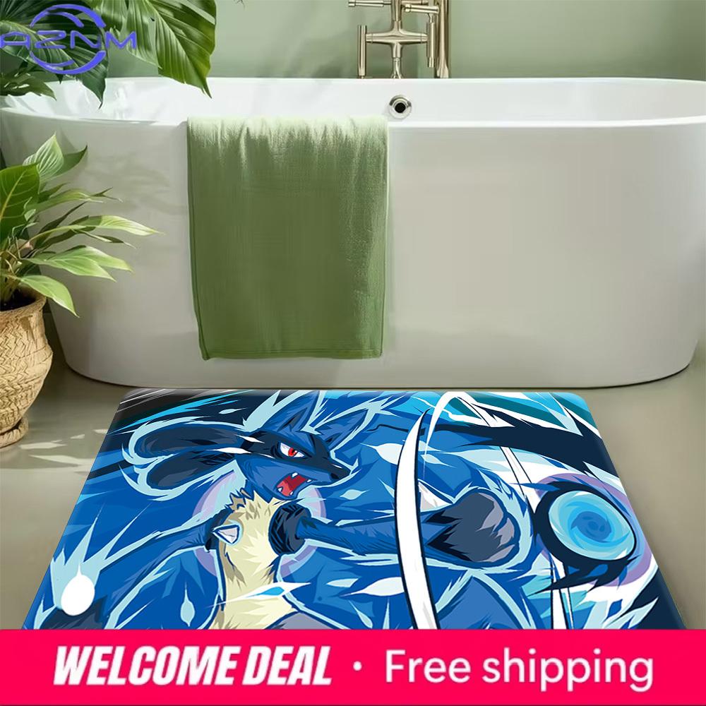 Pokemon Lucario Blue Energy Style Print Non-slip Doormat, Soft Absorbent Floor Rug for Home Decor