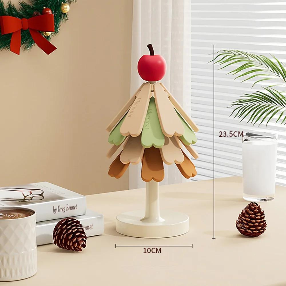 Foldable Wooden Tree Trivet Heat-insulating Decoration Christmas Tree Trivets Set with Stand Set of 3/4 Cup Coaster Set