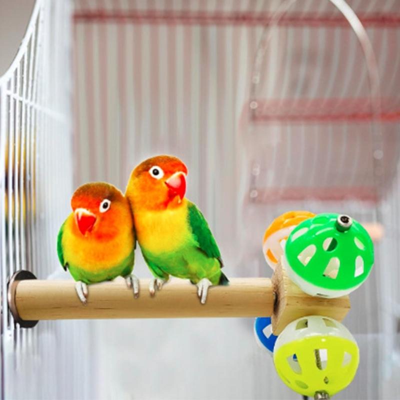 Wood Bird Perch Stand With Rotating Bells Balls Cage Exercise Toy For Conures Parrotlets Cage Entertainment Activity Toy