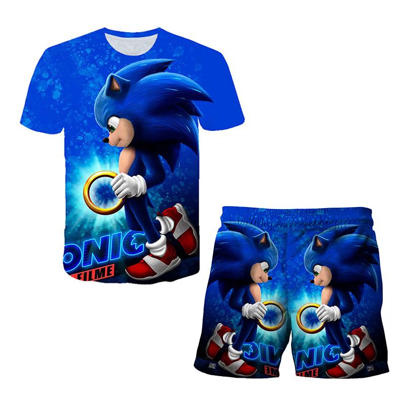 2025 MINISO Ny Japansk Tecknad Sonic 2 T-shirt Barnens Topp Shorts Tvådelat Set Sommar Pojke Tecknad Söt SONIC T-shirt+ Strandbyxor