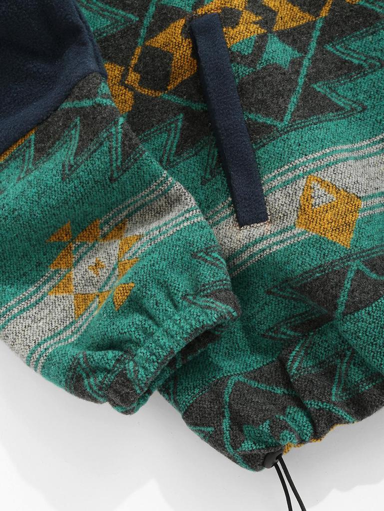 ZAFUL Erkek Etnik Aztek Baskılı Eğik Cepli Fermuarlı Dik Yaka Tüylü Polar Polar Ceket