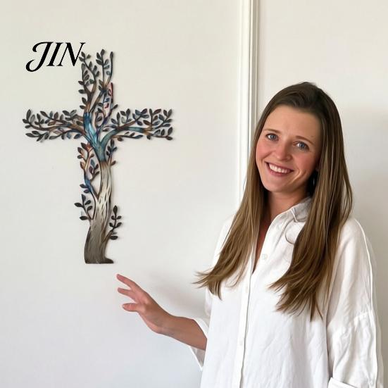 Layered Tree Wall Sculpture Metal Cross Art, of Life Hanging Crosses Decor, Art for Garden Living Room Bedroom Retro Style