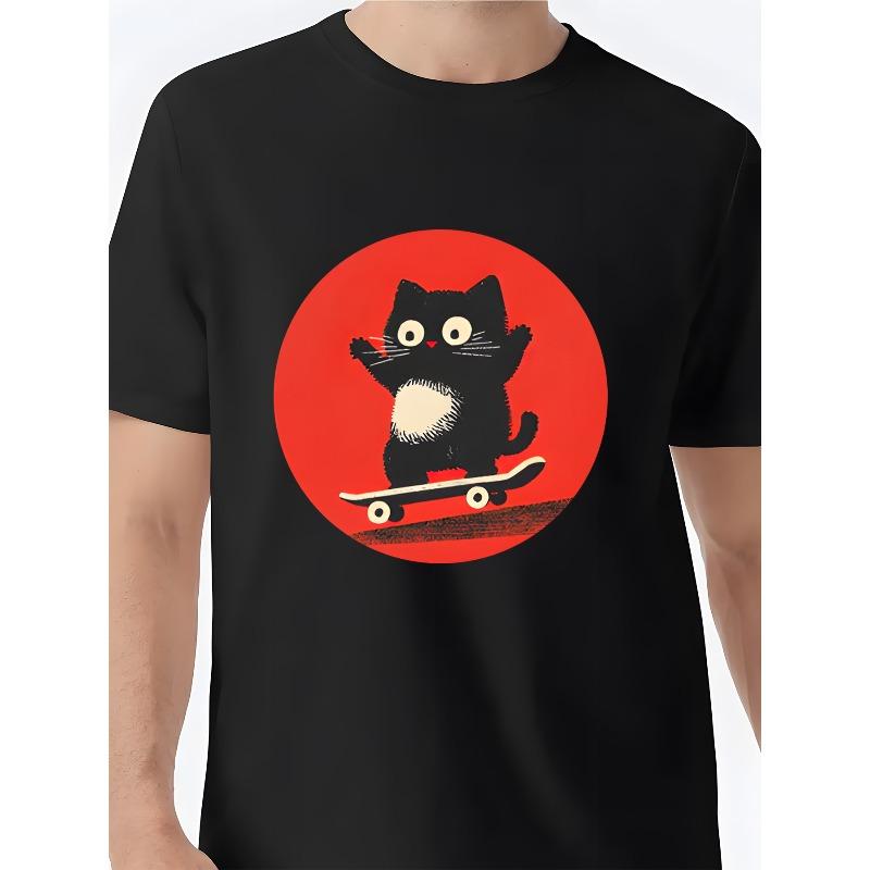 

Повседневная мужская футболка с причудливым красным круглым изображением черного кота с белой грудкой на скейтборде, свободный крой, круглый вырез, Повседневная одежда S чёрный