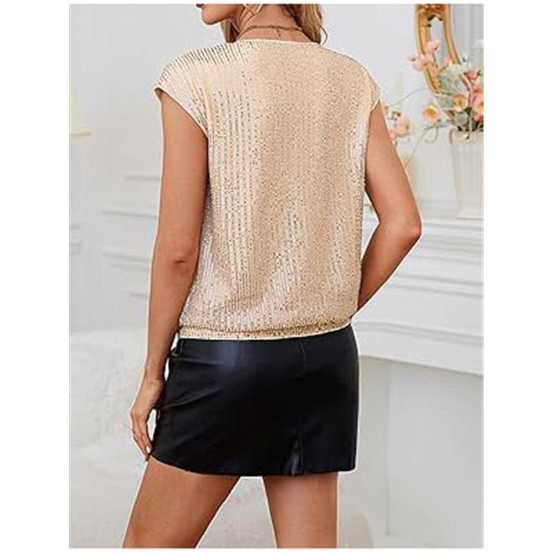 Top in Lavorazione con Paillettes Scollo a V da Donna Senza Maniche Scintillante Casual Camicetta