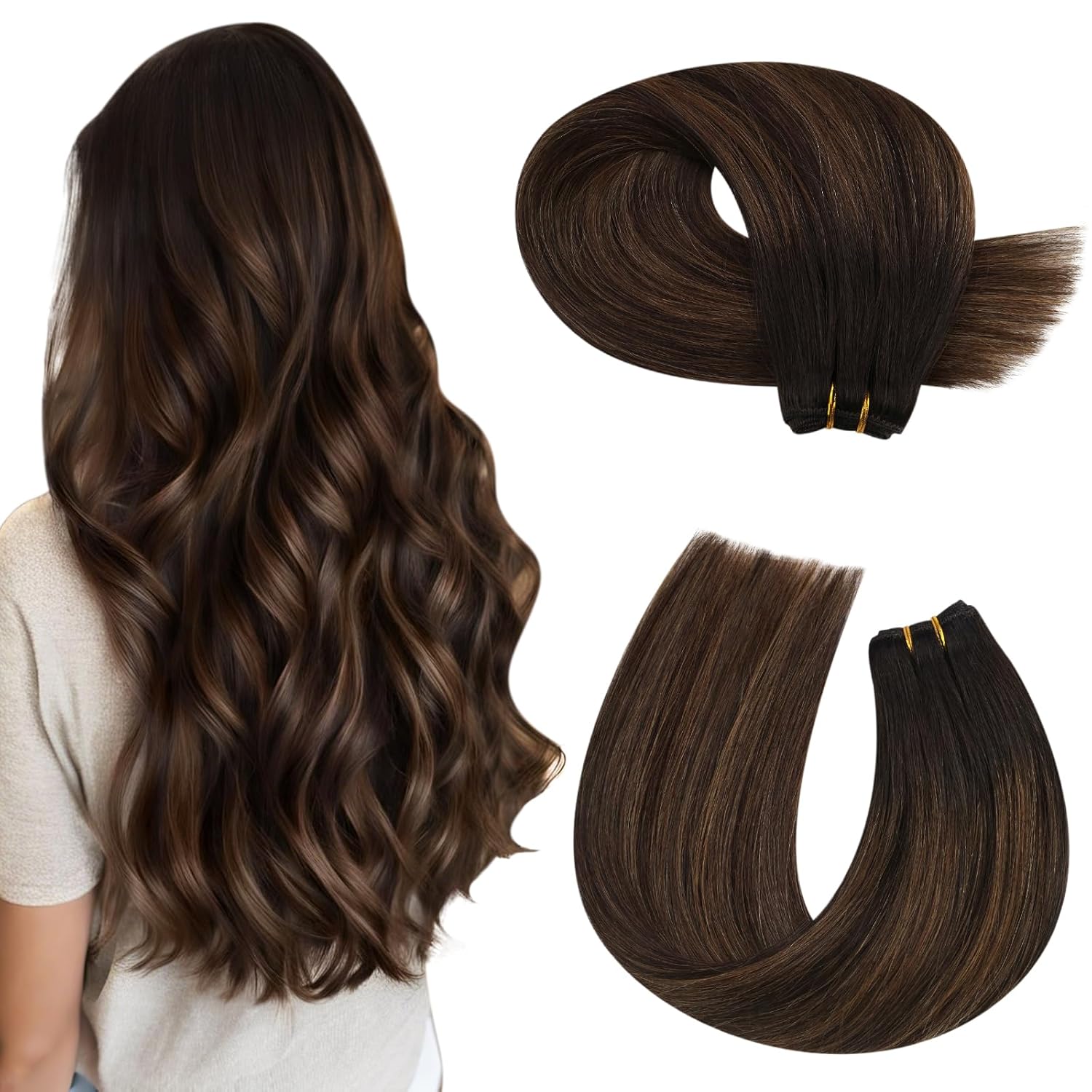 Moresoo Emberi Hajcsomók Gépi Dupla Varrású Remy Haj Szálak Nőknek Egyenes Varrású Hajhosszabbítás Balayage Hajdarabokkal 14 inches&2-3 Months&>=45%