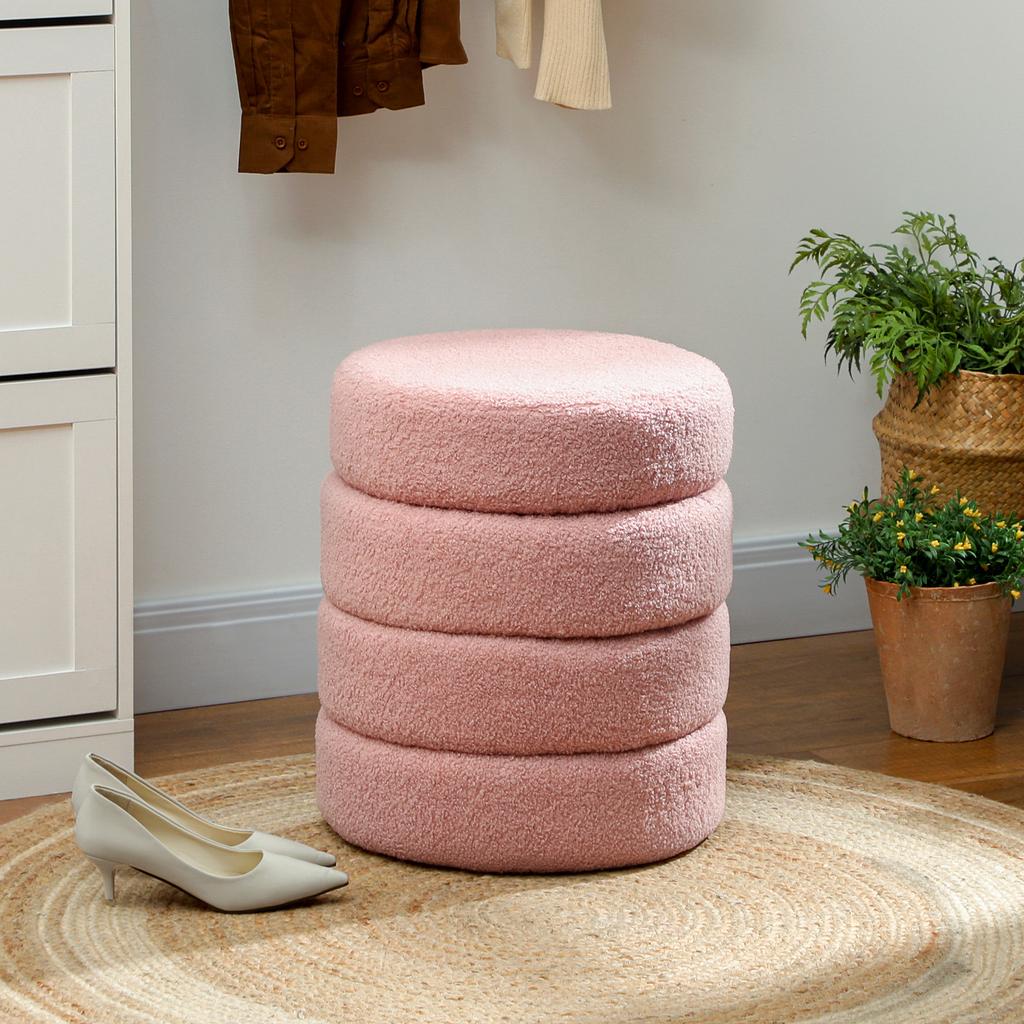 Living Room Footrest, Round Ottoman Stool, Plush Teddy, 40 x 45 cm, Pink