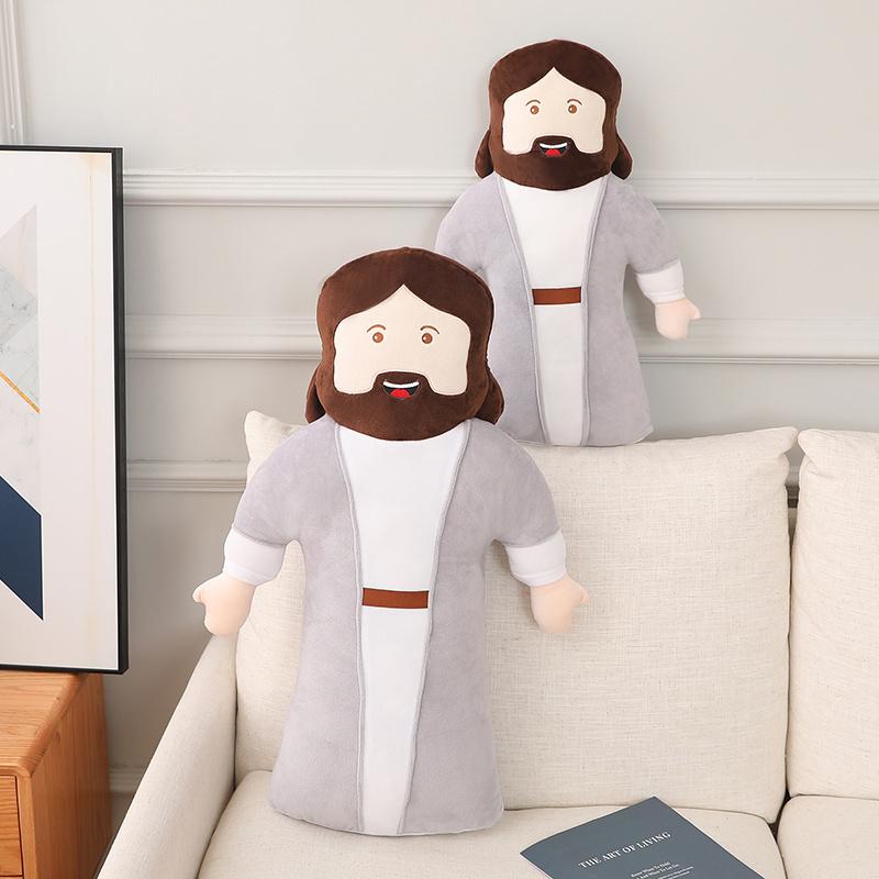 Jesus Plüschtier Weiches Kuschelkissen Brauner Bart Graues Gewand Kleidung Weihnachtsgeschenk Heimdekoration Cartoonfigur Religiöses Sammlerstück