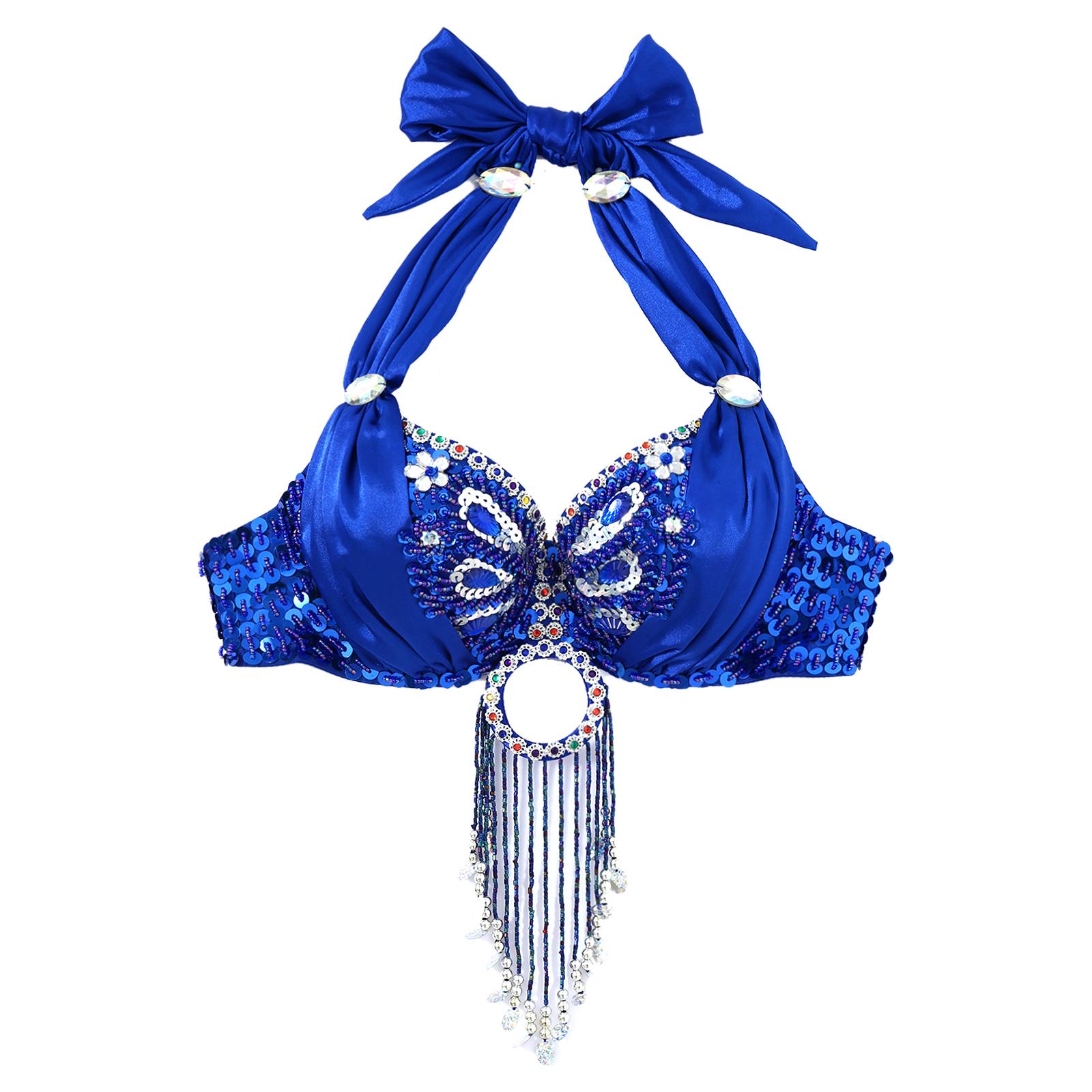 

Жіночий стразами танець живота бюстгальтер топ блискітки на кісточках бюст є блискітками китицями бюстгальтер костюм виступ танцювальний одяг королівський синій колір