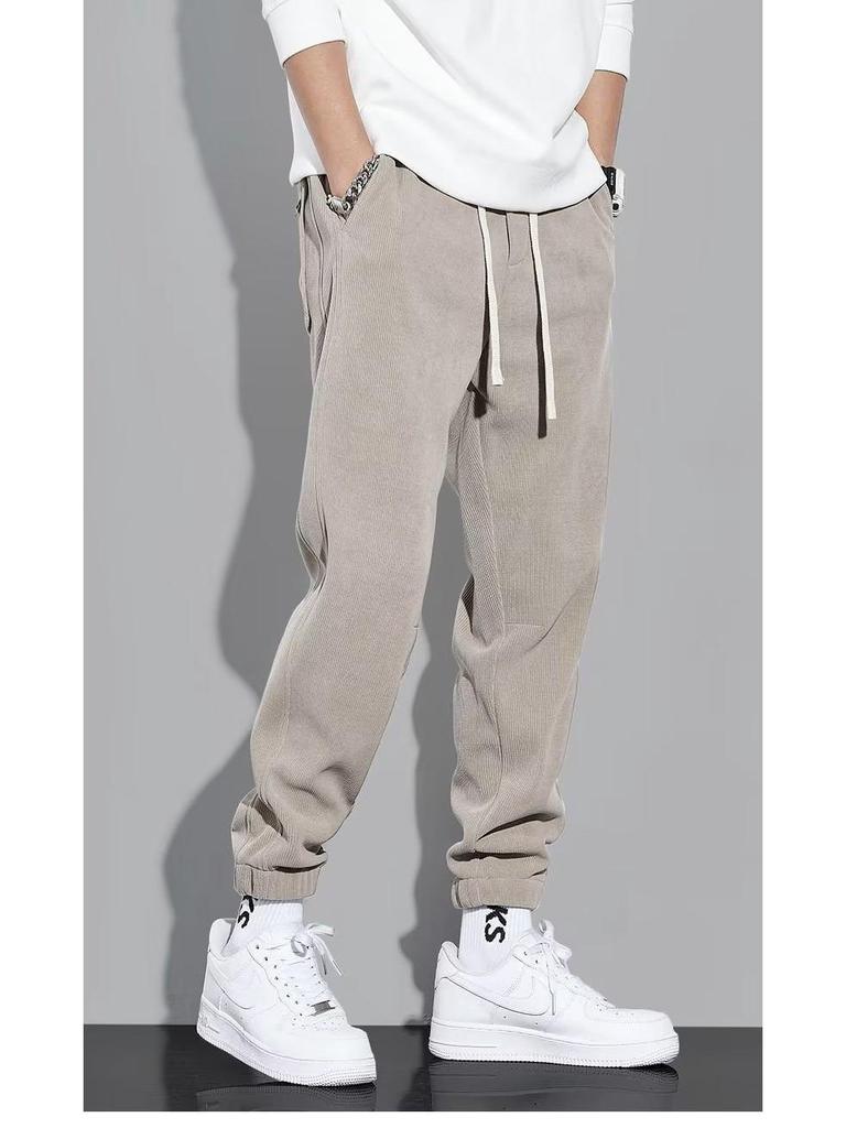 Men's Thickened Fleece-Lined Casual Pants, Drawstring Ankles, Loose Fit, Trendy Autumn/Winter 2023 Style.