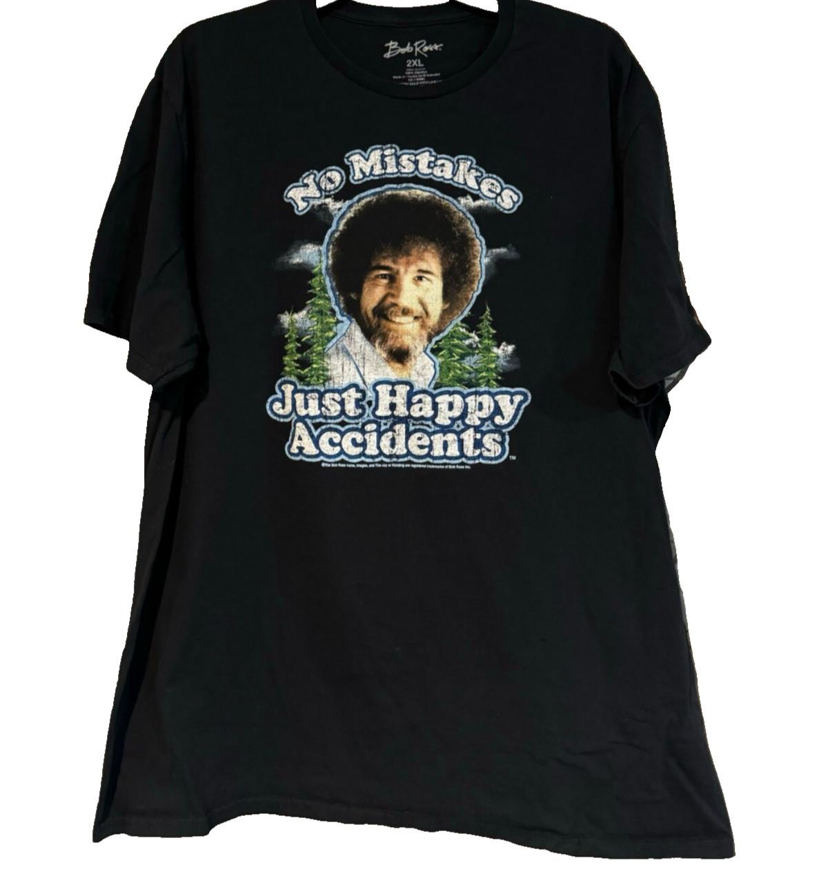 Bob Ross Shirt Mens 2XL Black Graphic Tee No Mistakes Just Happy Accidents Unisex T-Shirt XXXXL
