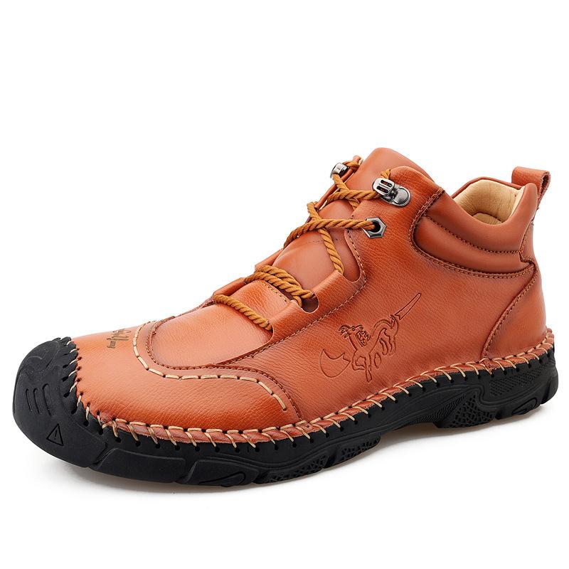 Autumn high-top men's shoes casual leather shoes leather large size breathable outdoor sports hiking shoes men's soft sole Korean version