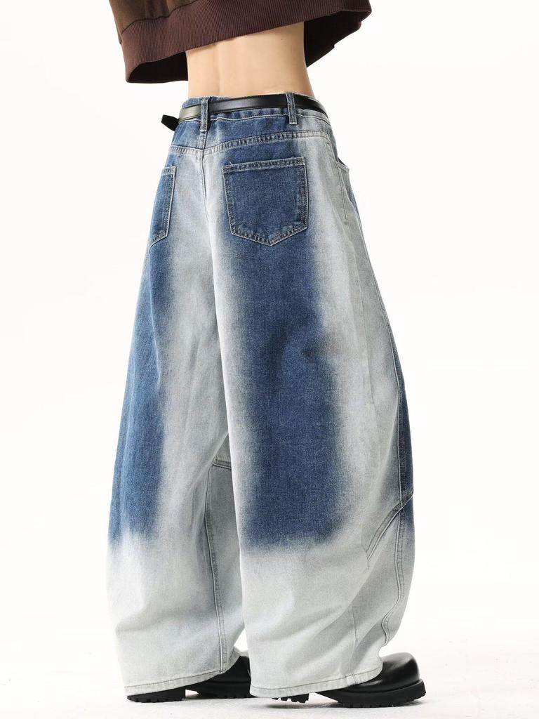 Unisex Retro Star Design Frayed Edge Wide Leg Jeans