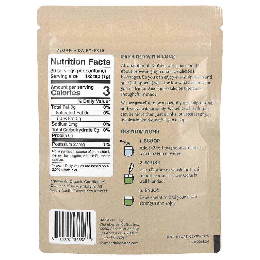 Chamberlain Coffee Vanilla Matcha Powder, Ceremonial Grade, 1.06 Oz (30 G)