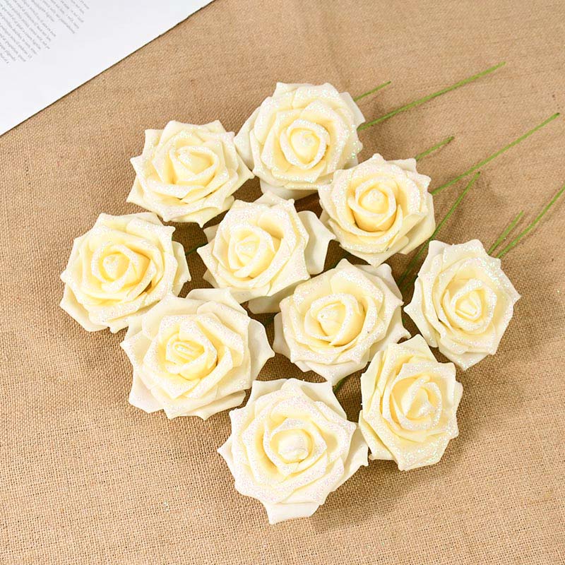 10/20 Stück Glitzer Künstliche Rosenblumen mit Stiel Blätter DIY Hochzeitssträuße Geburtstagsfeier Heimdekorationen DIY Bastelkranz