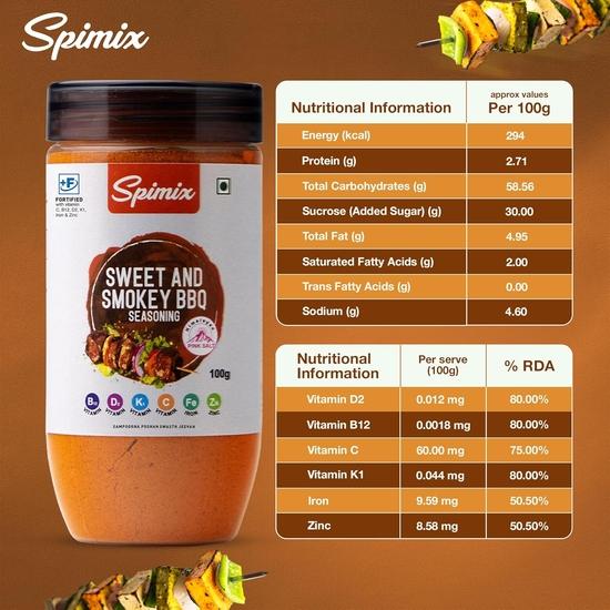 SPIMIX Солодко-димний соус BBQ | 100г | Зроблено кориснішим з вітамінами B12 та D та гімалайською рожевою сіллю | Терпкий, насичений набір спецій для грилю