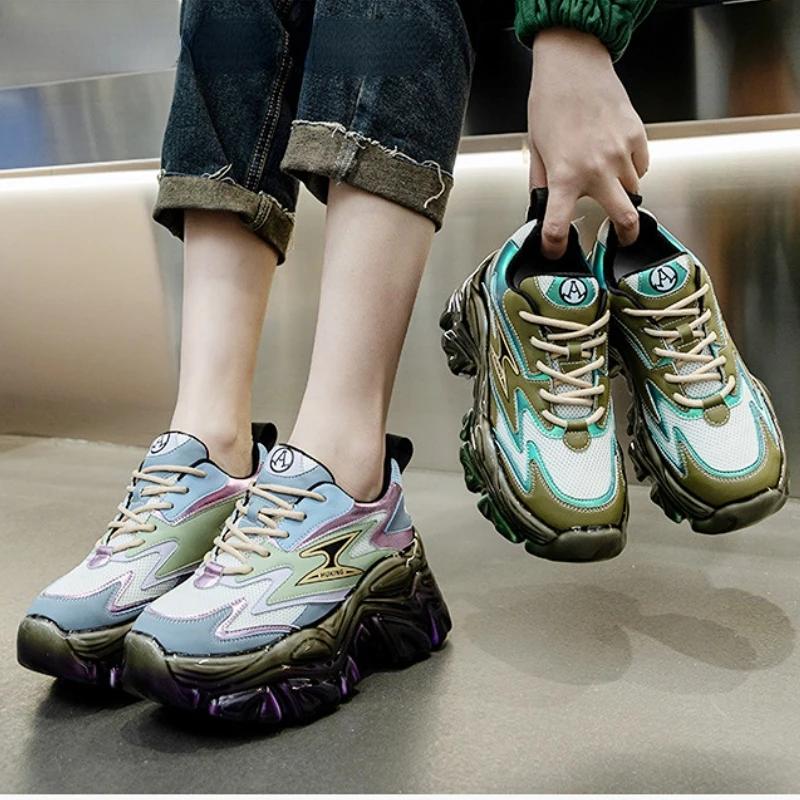 Fashion 7.5cm Air Mesh Synthetic Genuine Leather Women Platform Sneakers High Brand Shoes Vulcanize Summer Mixed Color Breathable