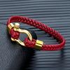 Gold Stainless Steel Shackle Bracelet Simple Lucky Red Braided Leather Bracelets for Men Women Handmade Jewelry