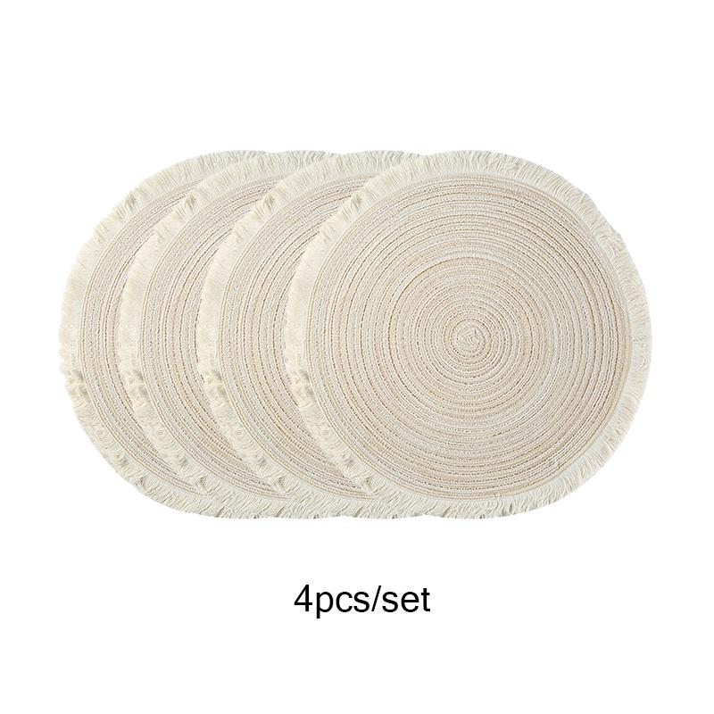 4pcs/set Hot Selling Fringe Eco-friendly Household Non-Slip Morden Style Table Woven Placemats Polyester Round Mat coaster set