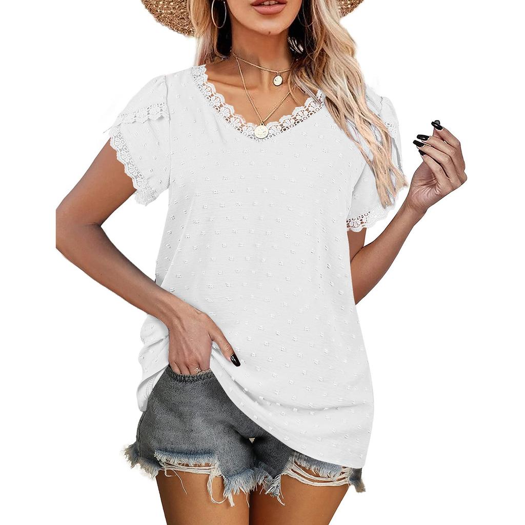 Ladies Casual Fashion Sexy Solid Color V-neck Pullover Comfortable Loose Short Sleeve Lace Sleeve Top